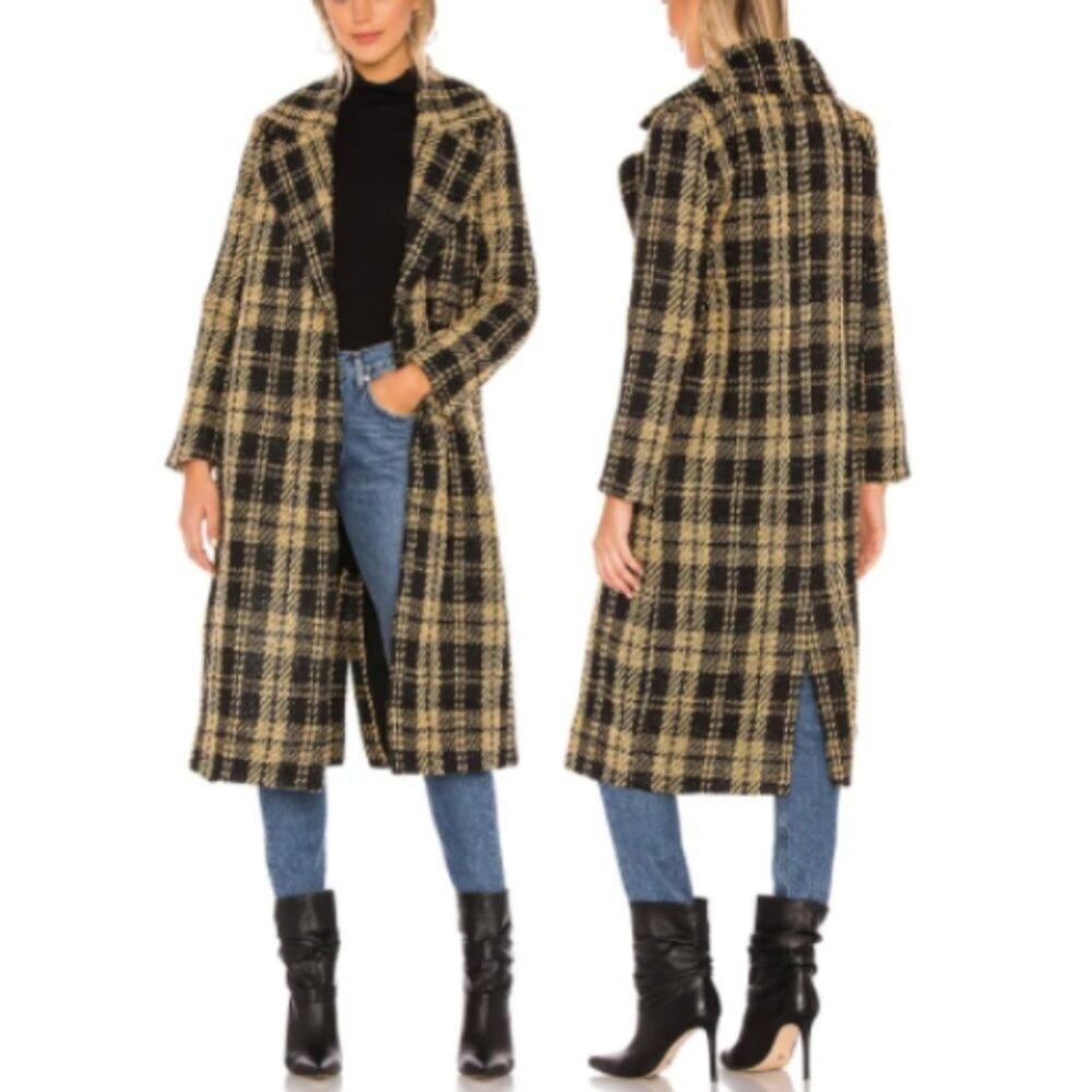 Revolve Tularosa Valentina Black & Yellow Plaid Long Coat